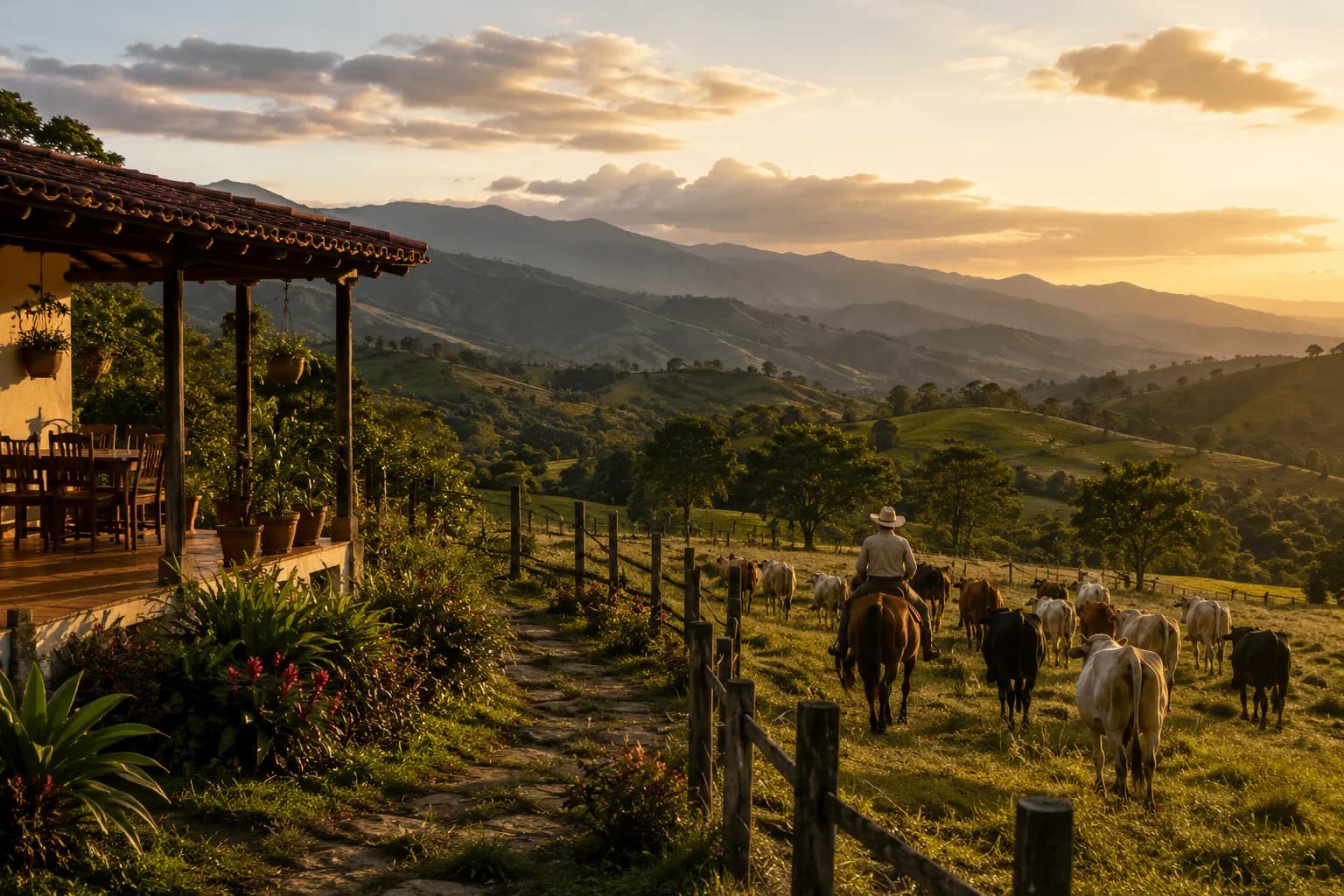 A rancher driving cattle past a hillside finca veranda at golden hour over the Antioquia highlands